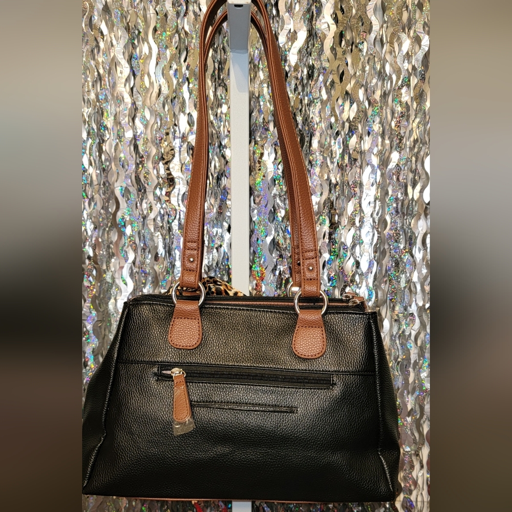 #379 B. Amici- Black/brown Handbag w/scarf/bag Charm - Picture 2 of 14